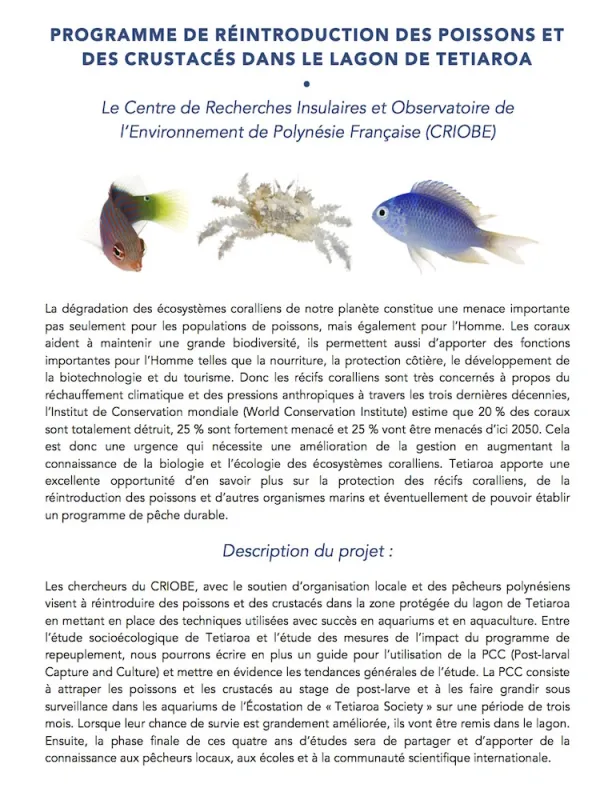 lire le pdf: Réintroduction des poissons et des crustacés dans le lagon de Tetiaroa