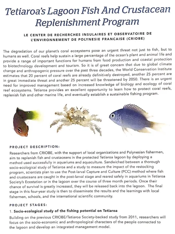 read the pdf: Tetiaroa's Lagoon fish and crustacean replenishment program