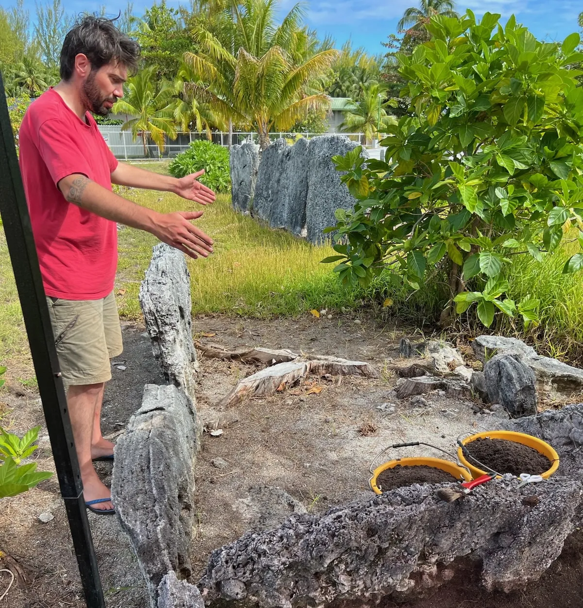 Guillaume Molle at a marae on Motu Onetahi, Tetiaroa Atoll